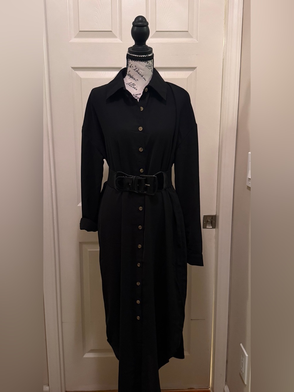 Classic Black Button-Front Shirt Dress or Long Top-Belt Not Included